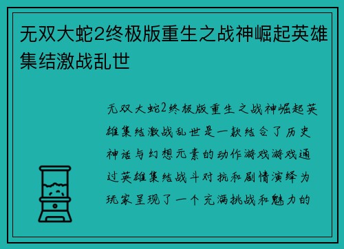 无双大蛇2终极版重生之战神崛起英雄集结激战乱世